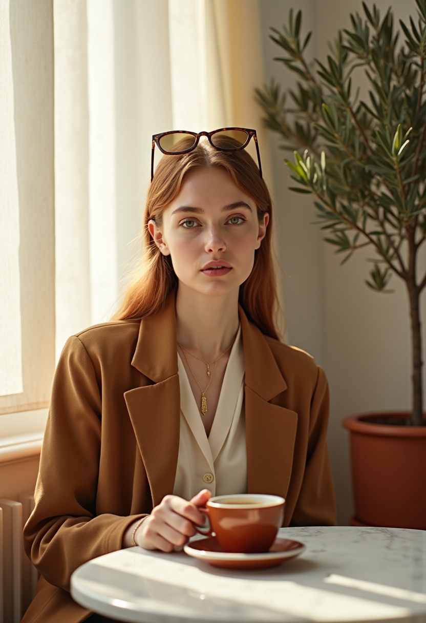 A woman in a camel coat and cream blouse at a white marble table, holding a terracotta espresso cup, with an olive tree and ivory curtain in the background.