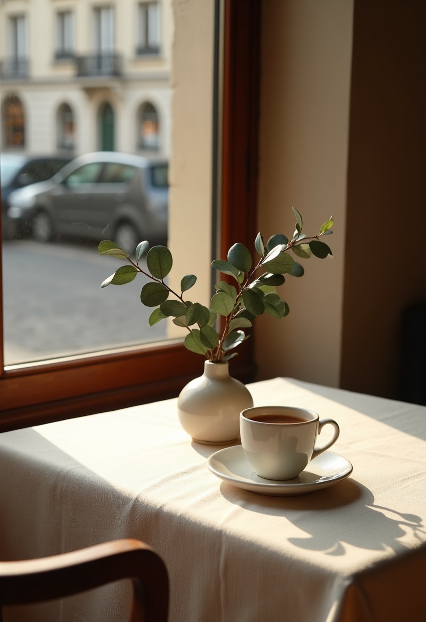 Low-angle cafe table: cream pencil skirt hem on oak bench, gold bangle on white saucer, ceramic vase with eucalyptus stem, linen cloth, soft golden light