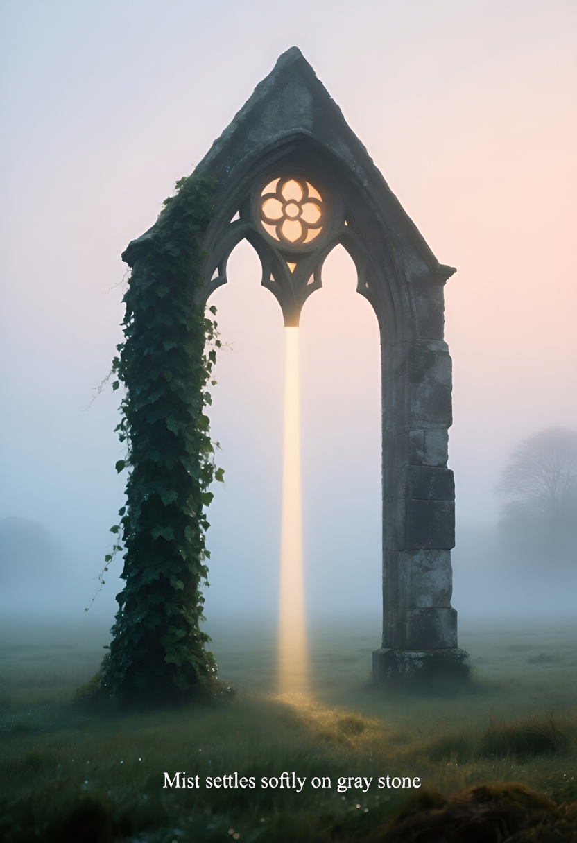 A weathered Gothic arch in fog at pre-dawn, pale gold light slicing diagonally, emerald ivy on left pillar, blue-grey mist at the base, low angle view.