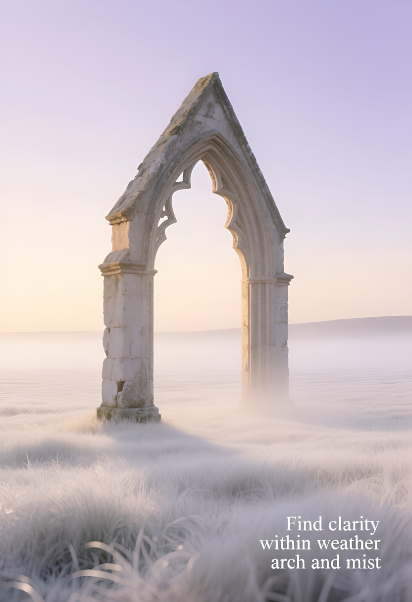 Weathered gothic pointed arch in pale white grass, cream-to-lavender sky, mist at base, golden light raking across stone with long shadow to the right.