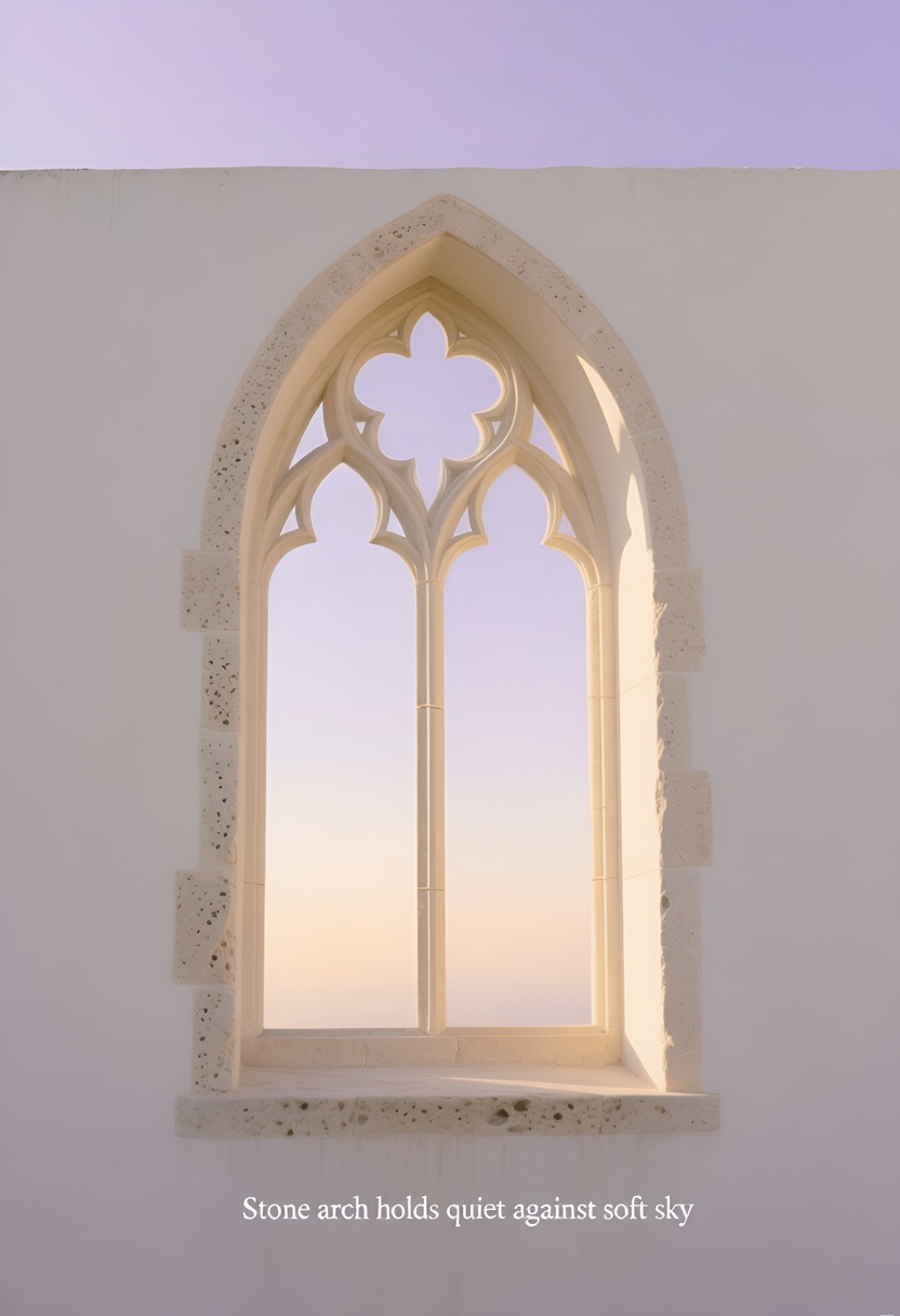 A pointed-arch gothic window in pale cream limestone in a flat wall, gradient sky from ivory to lavender through the opening, low-angle shot.