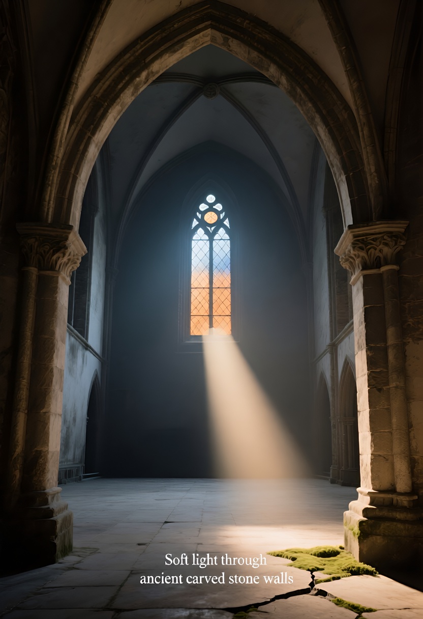 Pointed limestone arch in empty cathedral, geometric lancet window amber to slate blue, ivory light on stone floor with moss in crack