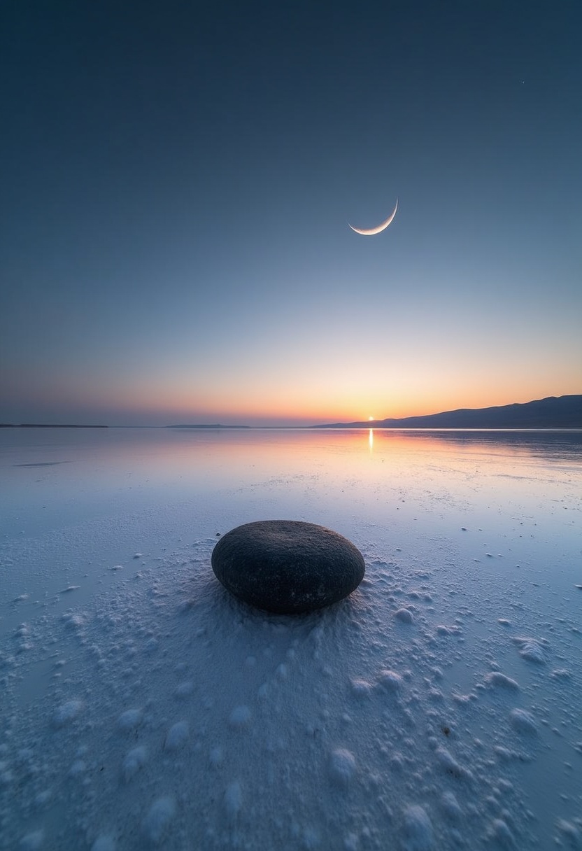 Salt flat at twilight: indigo sky with amber horizon band mirrored in white salt; small black volcanic stone centered, pale crescent moon above, no clouds.