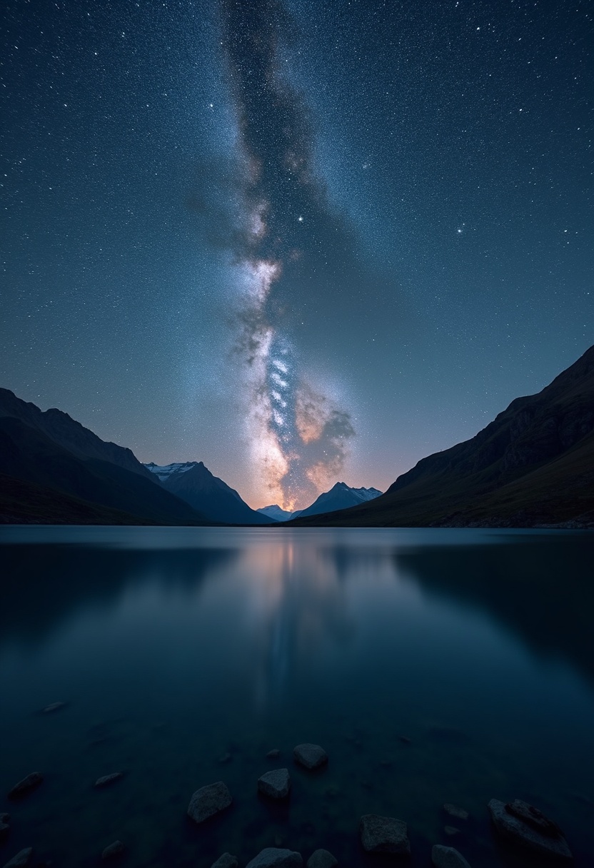 Glass-still alpine lake reflecting a Milky Way star band in indigo twilight sky, split by a sharp horizon line with a thin amber glow at the edge.