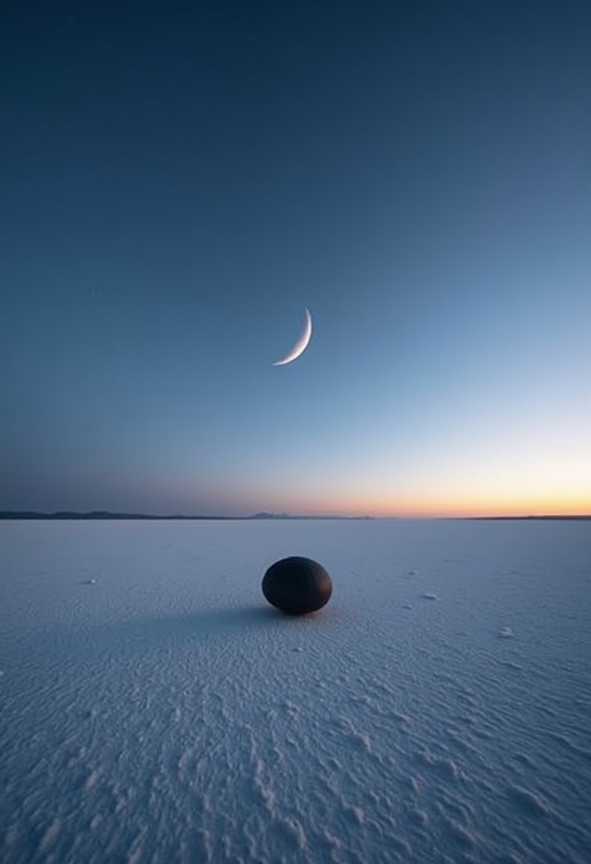Salt flat at twilight: indigo sky with amber horizon band mirrored in white salt; small black volcanic stone centered, pale crescent moon above, no clouds.