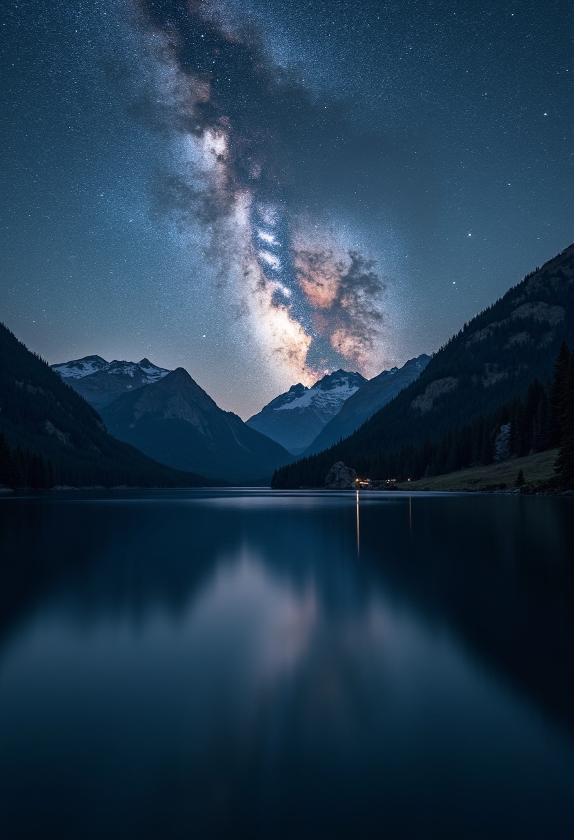 Glass-still alpine lake reflecting a Milky Way star band in indigo twilight sky, split by a sharp horizon line with a thin amber glow at the edge.