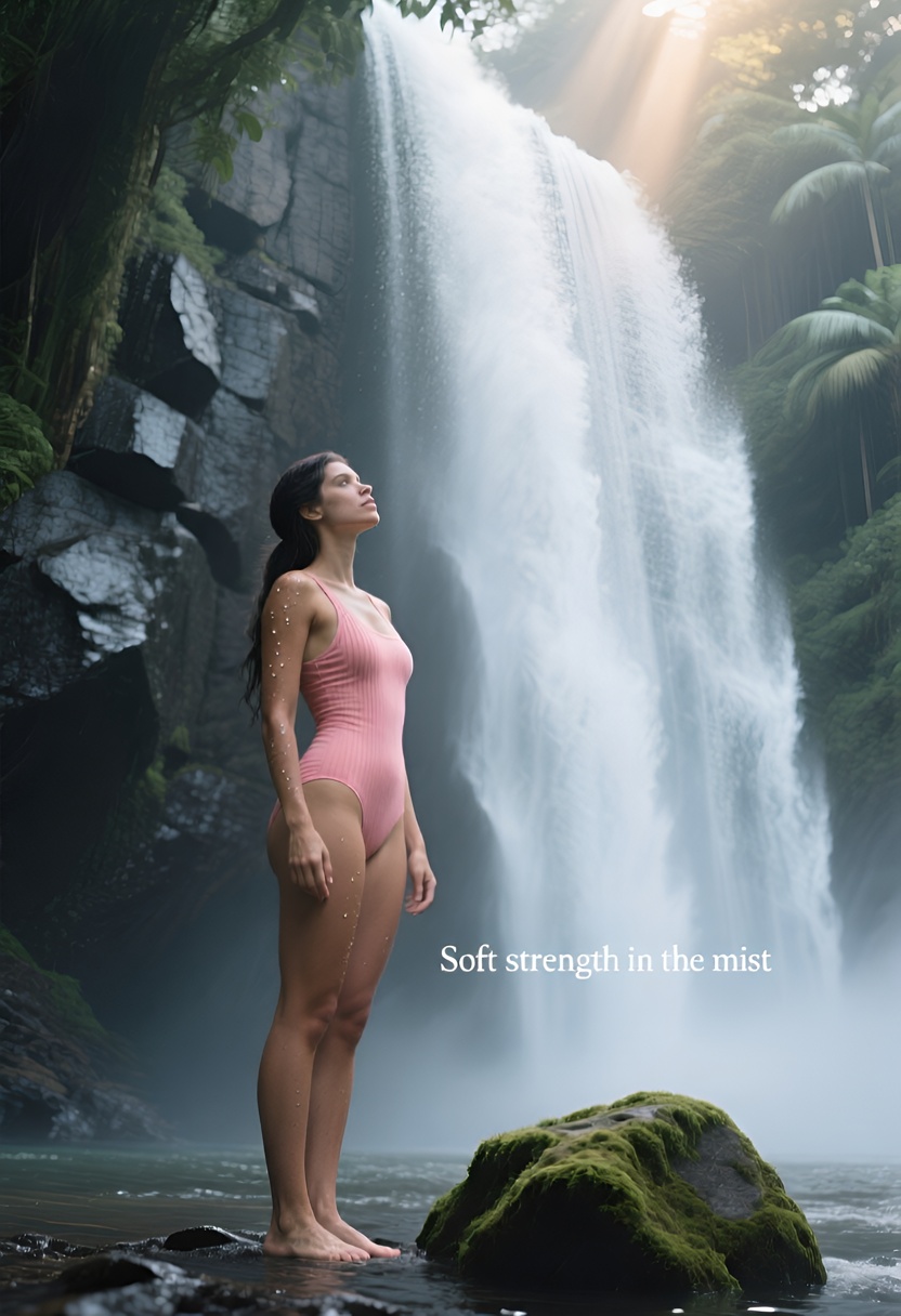 A 26-year-old athletic woman in a coral-pink one-piece swimsuit stands at the base of a tall cascading waterfall, dark hair swept back by mist, soft overcast light.