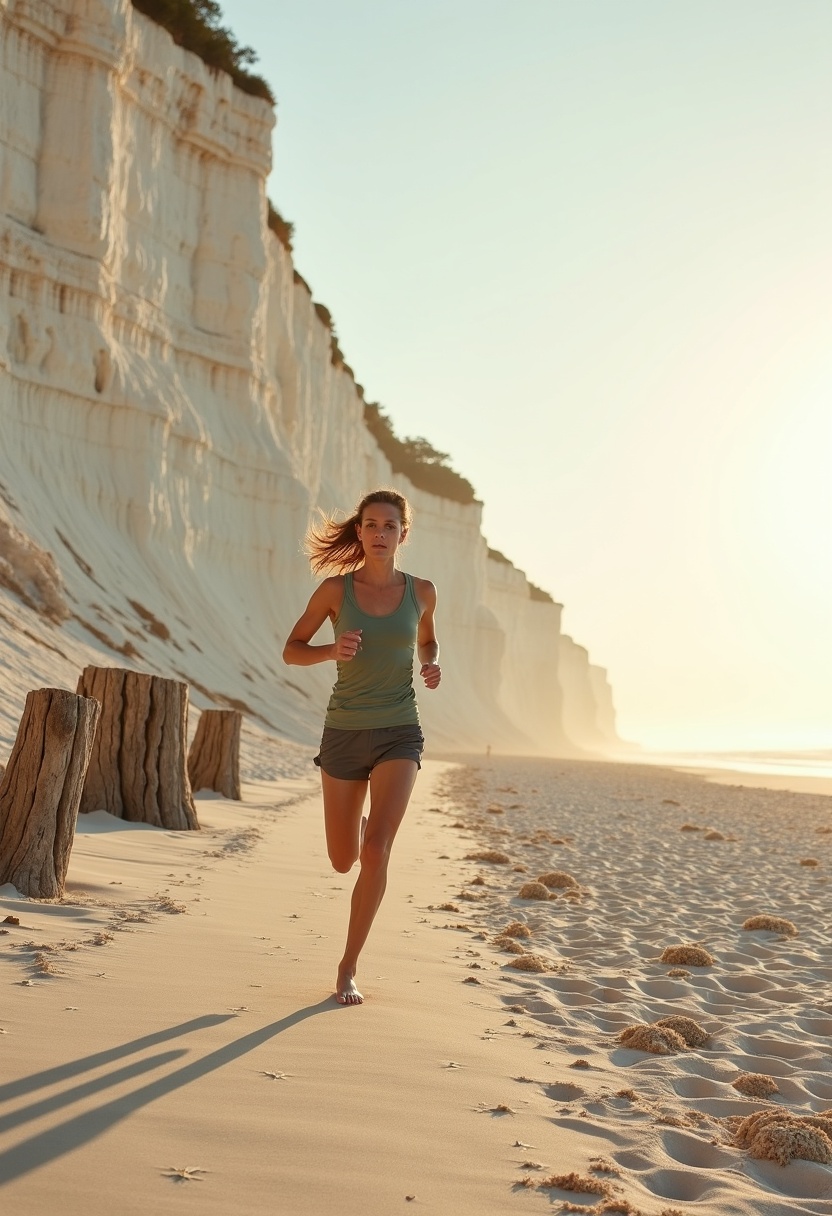 Athletic woman in sage-green tank and charcoal shorts runs barefoot on white limestone headland at golden hour, auburn ponytail in wind, teal ocean behind.
