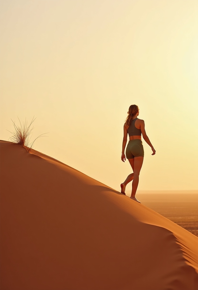 Athletic woman in charcoal top and olive shorts stretches barefoot on red dunes at golden hour, one arm reaching toward low sun, spinifex grass in foreground.