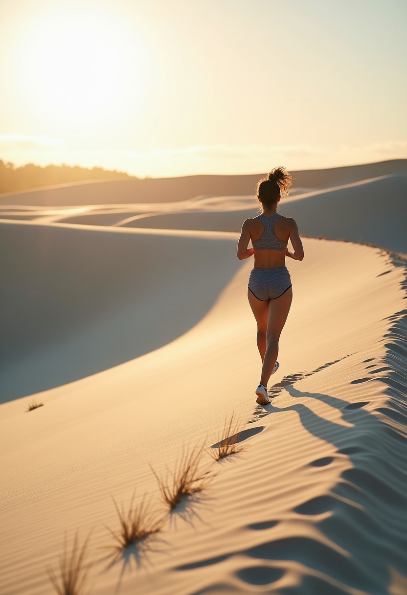 Athletic woman mid-stride sprinting on white-sand coastal dune, golden rim light left, blue shadow ahead, eucalyptus line and silver tidal wetland in background