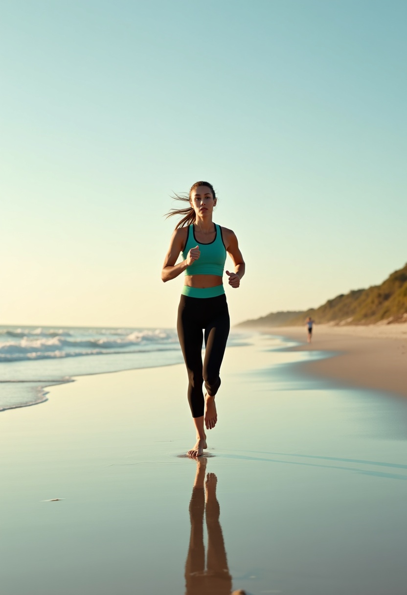 Athletic woman in teal top and black tights mid-stride barefoot on white-sand beach, golden-hour light from left, still aqua ocean and pale peach-blue sky behind.