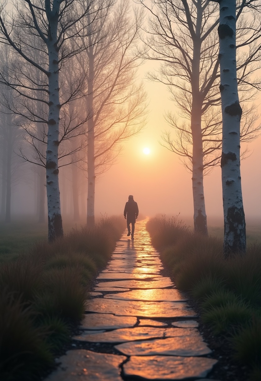 A tiny figure walks away on a wet stone path through a foggy birch grove at dawn, low gold sun in mist, pale lavender sky, blurred dewy grass in foreground.