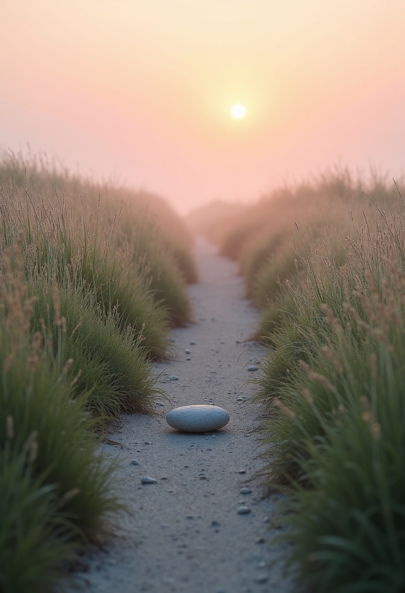 Gravel path through dew-covered coastal grass at dawn; grey river stone off-center, two footprints ahead, low peach sun rakes sage meadow into lavender mist.