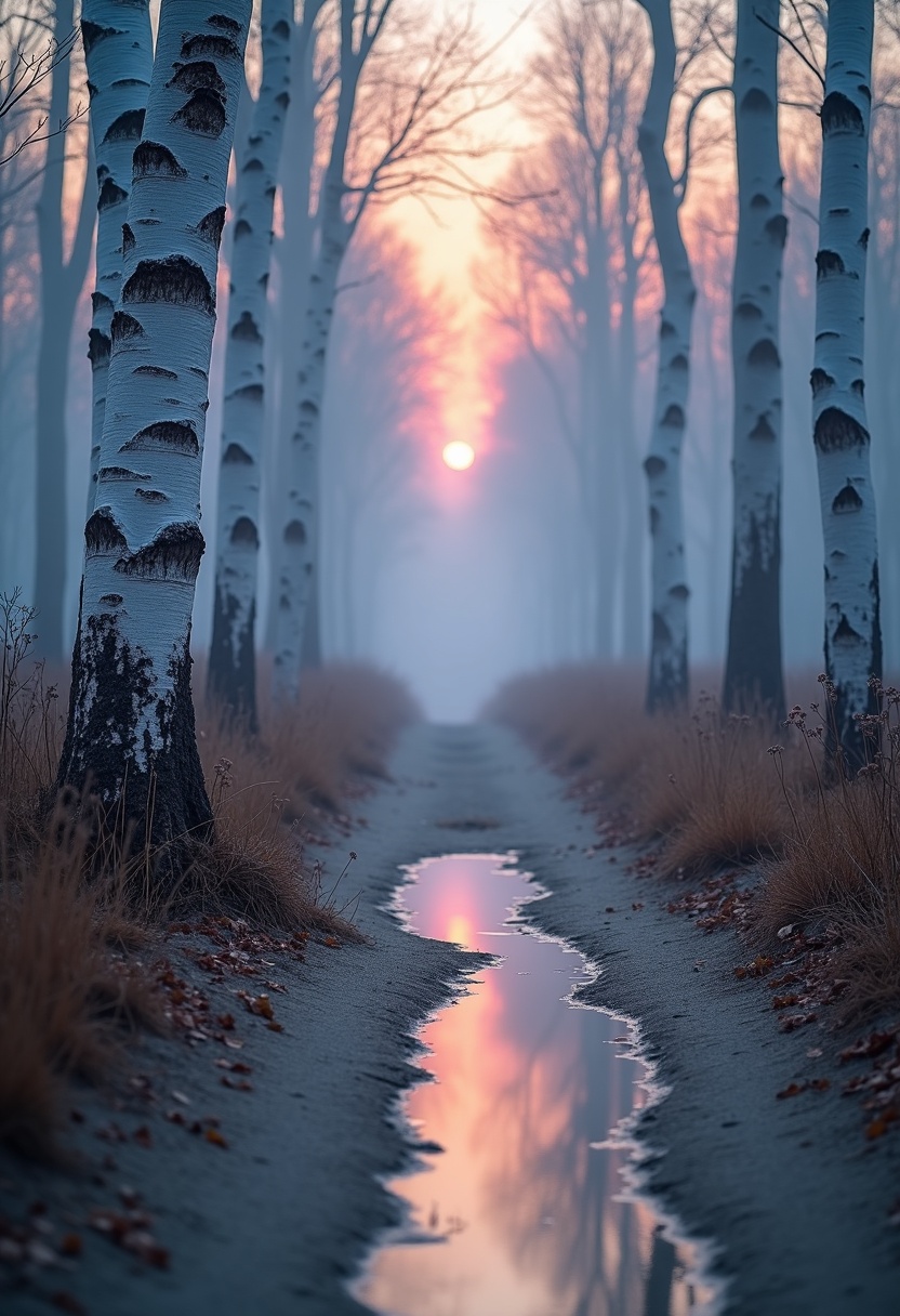 Narrow forest path lined with white birch trunks, blue-grey mist, rose-cream sky, puddle reflecting a crescent moon, dewy clover, and two small boot prints in sand.