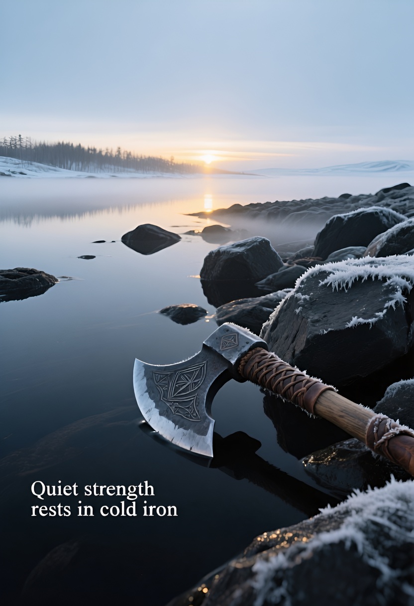 Iron axe with frost-dark blade rests on wet basalt boulders at a still shoreline; pale winter sky, low sun casting long shadow, thin mist between stones.