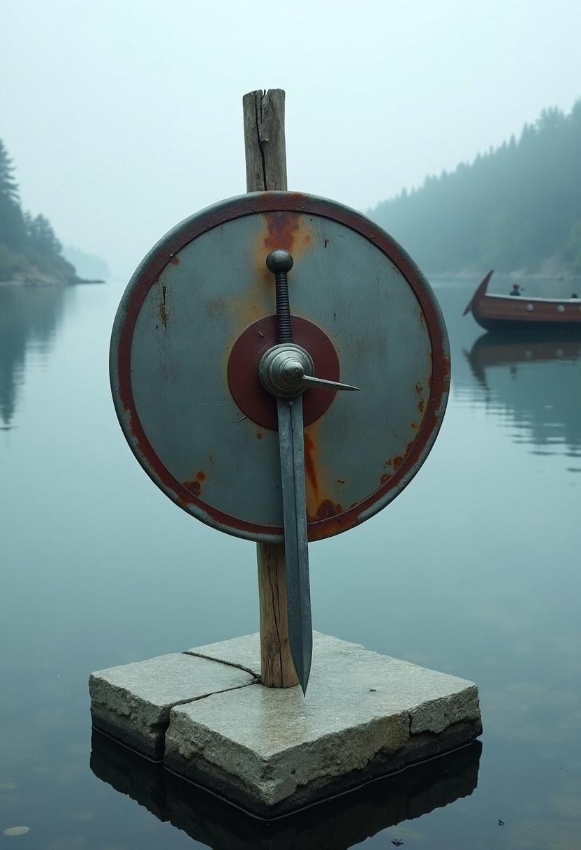A weathered shield with faded wolf emblem on a wooden post beside a sword in granite at a still fjord, longship in calm water, teal mist, amber light, dark treeline