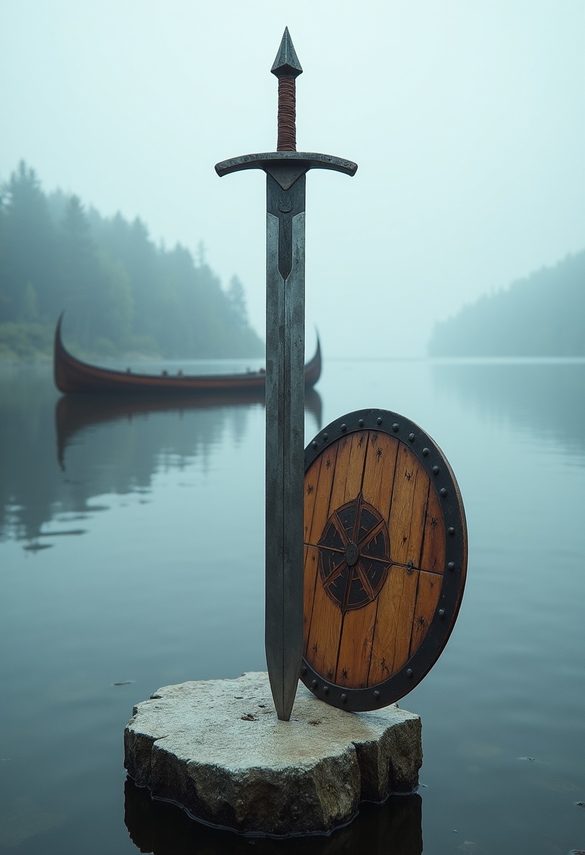 A weathered shield with faded wolf emblem on a wooden post beside a sword in granite at a still fjord, longship in calm water, teal mist, amber light, dark treeline