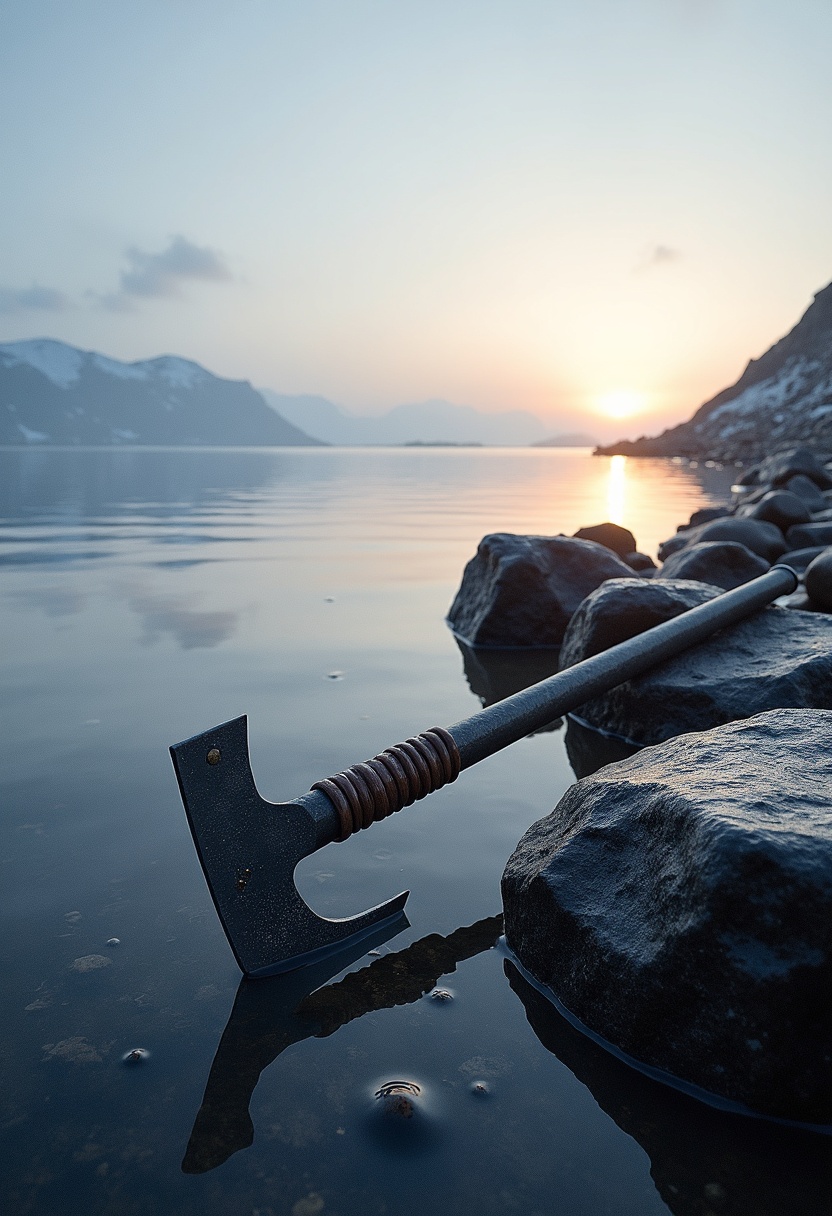 Iron axe with frost-dark blade rests on wet basalt boulders at a still shoreline; pale winter sky, low sun casting long shadow, thin mist between stones.