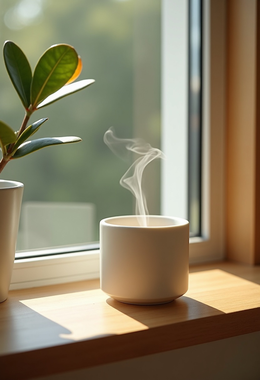 A cream cup releasing steam, a terracotta pot with one eucalyptus stem, and a folded linen napkin on pale birch wood, lit by golden side light from the left.