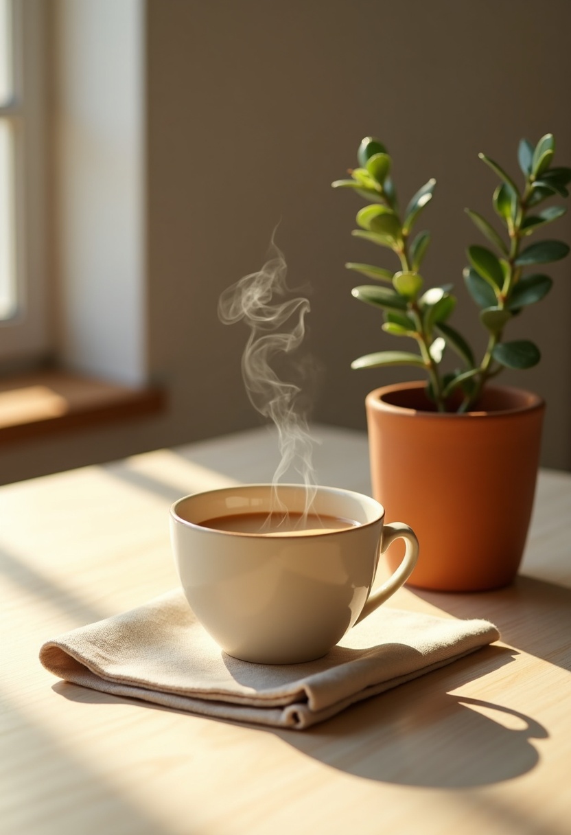 A matte-white ceramic pour-over dripper on a pale oak windowsill, backlit by low golden light, a thread of steam rising against a blurred sage background.