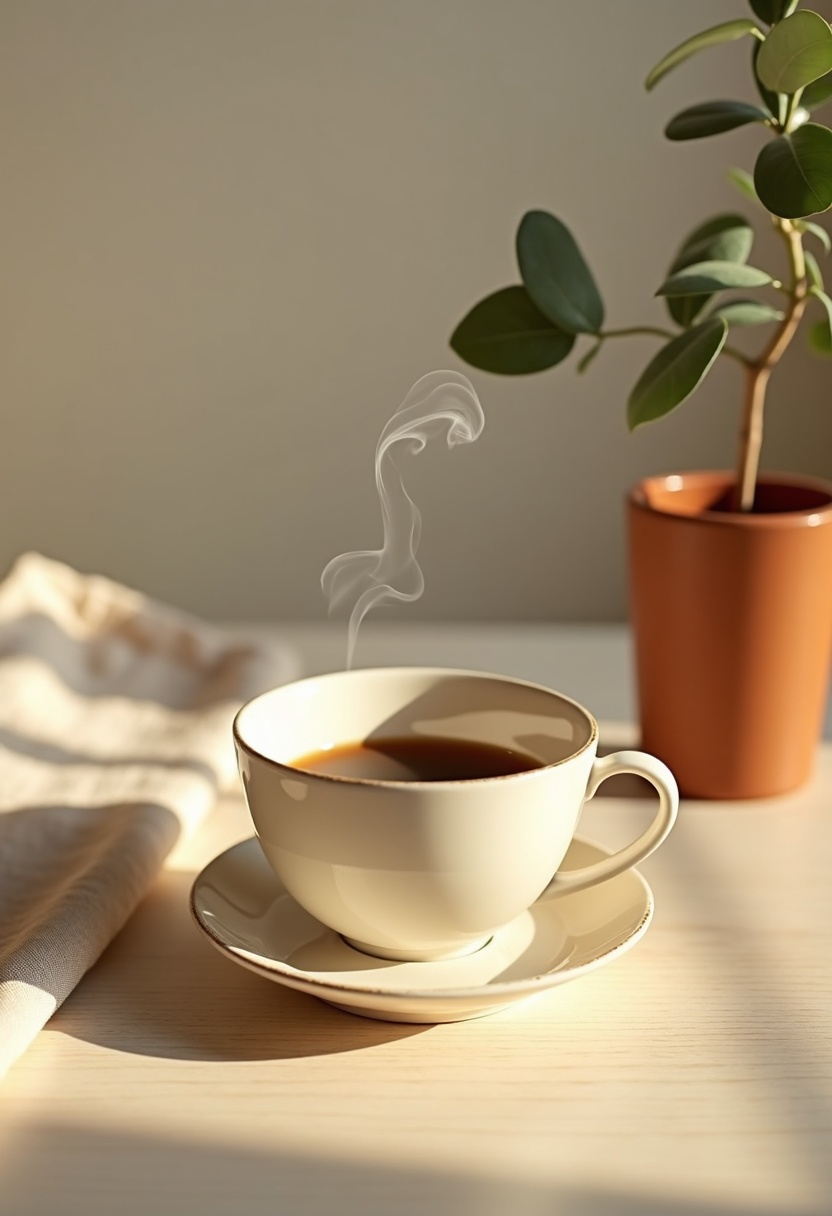 A cream cup releasing steam, a terracotta pot with one eucalyptus stem, and a folded linen napkin on pale birch wood, lit by golden side light from the left.