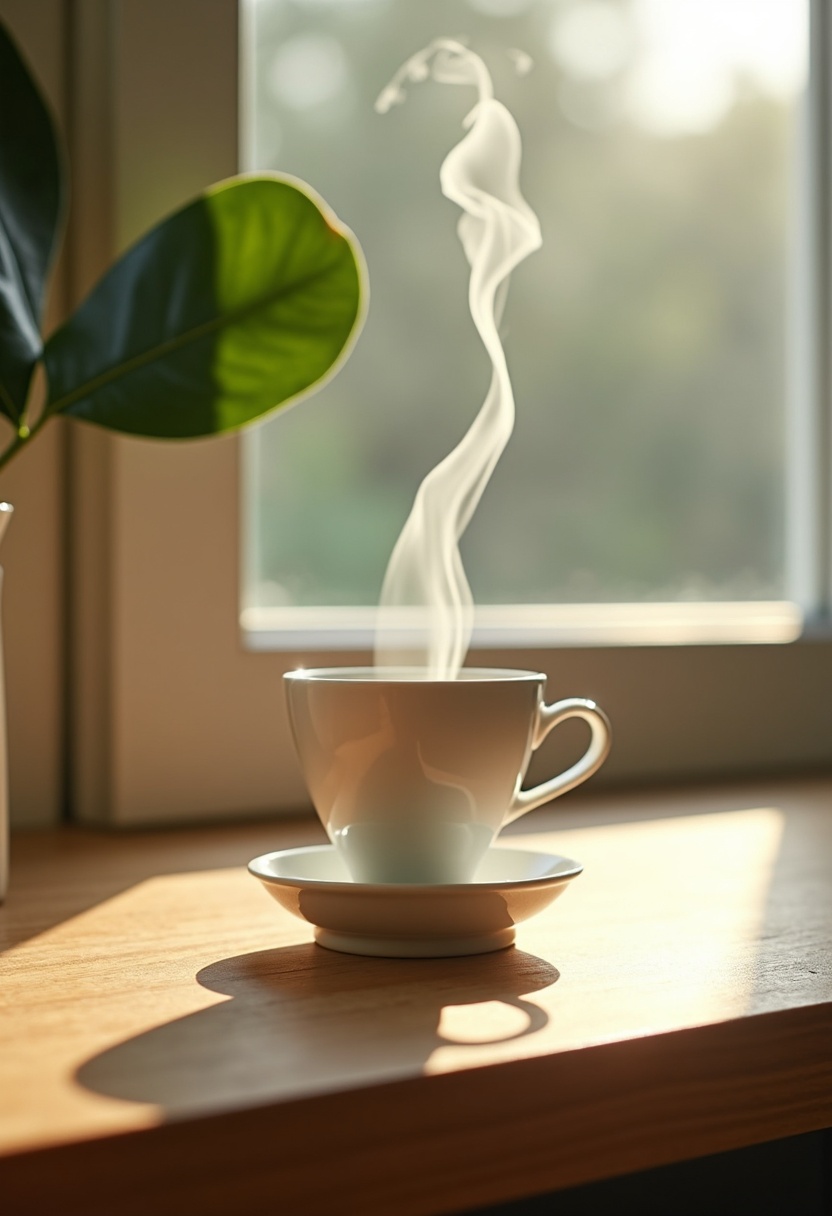 A matte-white ceramic pour-over dripper on a pale oak windowsill, backlit by low golden light, a thread of steam rising against a blurred sage background.