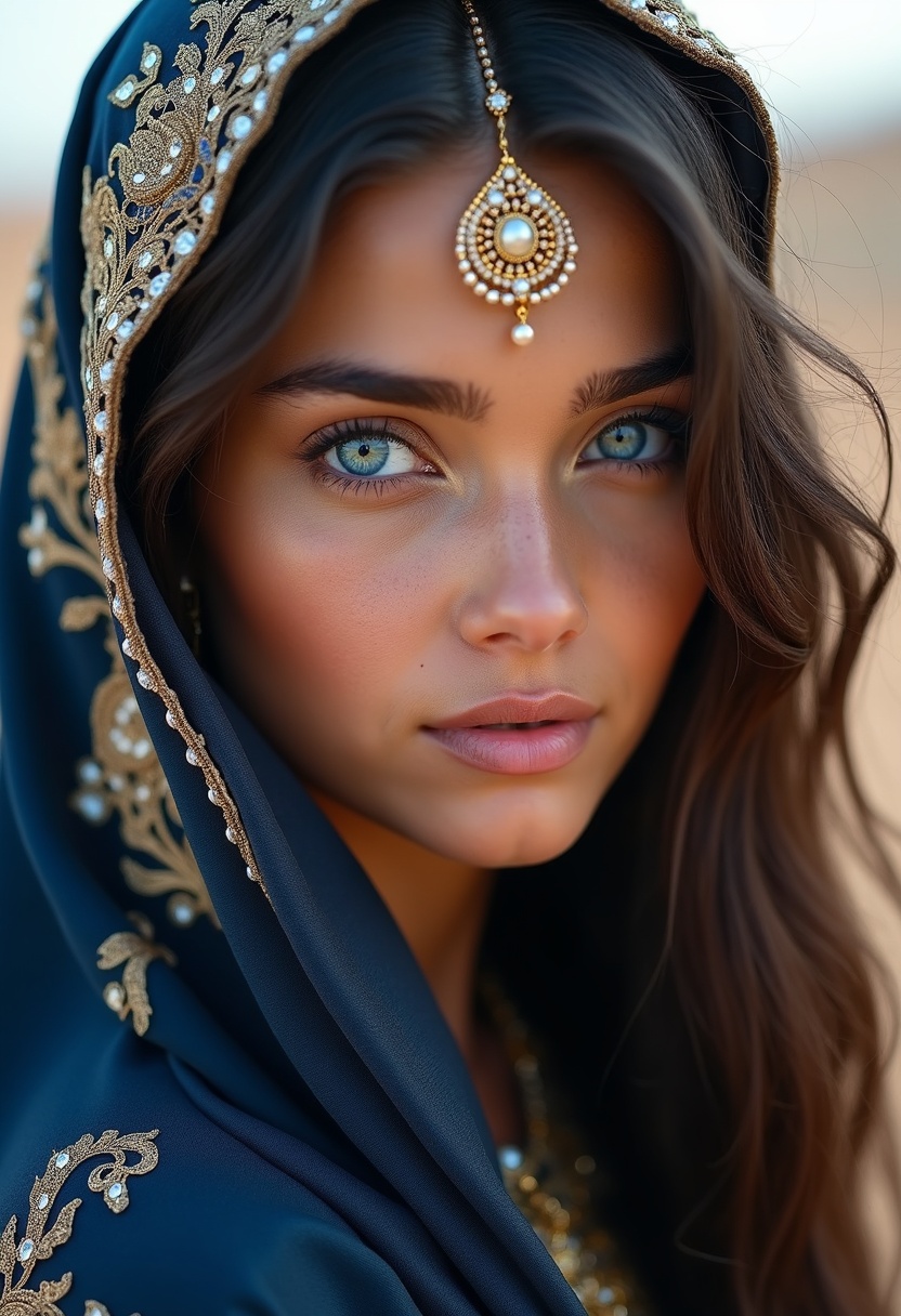 A close-up cinematic portrait of a stunning young woman with striking, luminous blue eyes and long, dark flowing hair, wearing an ornate, deep navy blue silk veil adorned with intricate gold and silver embroidery and shimmering beadwork. A delicate gold maang tikka jewelry piece rests gracefully on her forehead, catching the soft light. Her skin is flawless with a soft, ethereal glow, and her expression is calm and captivating. The background is a soft, out-of-focus desert haze, creating a shallow depth of field that emphasizes her facial features. The lighting is soft, natural, and diffused, reminiscent of the golden hour, casting gentle shadows that contour her face. The overall aesthetic is one of regal, mystical elegance, blending Middle Eastern opulence with a modern high-fashion photography style. hyper-realistic, cinematic lighting, 8k resolution, highly detailed skin texture, macro photography, shallow depth of field, bokeh, ethereal, opulent, intricate embroidery, blue eyes, dark hair, gold jewelry, soft shadows, masterpiece, vogue style, portrait photography, sharp focus, detailed eyelashes, shimmering textures, elegant, mystical, soft glow, professional color grading, photorealistic.