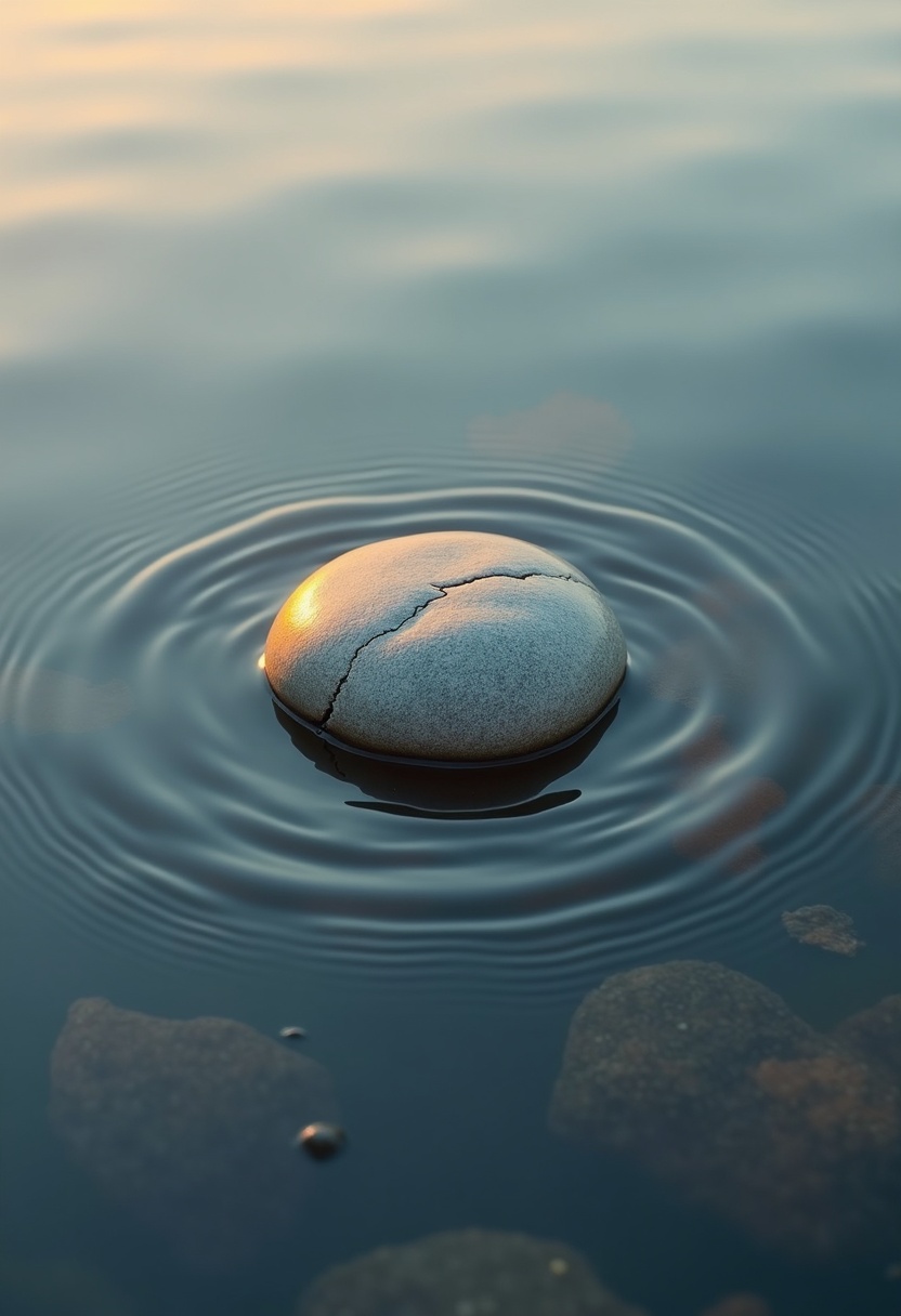 A smooth grey river stone with a hairline crack and thin gold light beam, centered in a still alpine pool, three faint ripples expanding, warm amber reflection in the water.