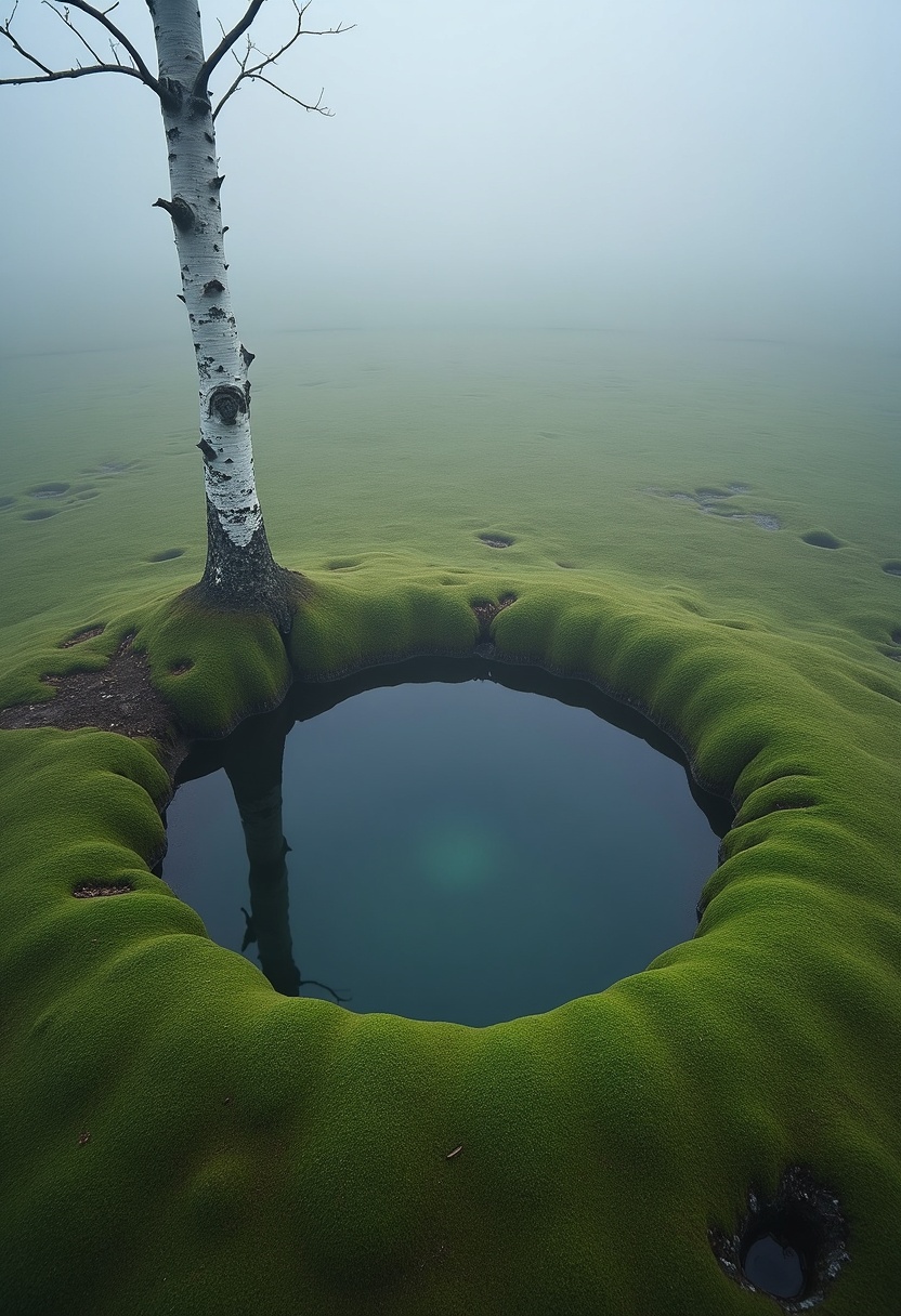Still dark teal water pool in emerald moss, single pale birch trunk upper left, pale silver mist background, overcast cool light, muted teal sage palette.