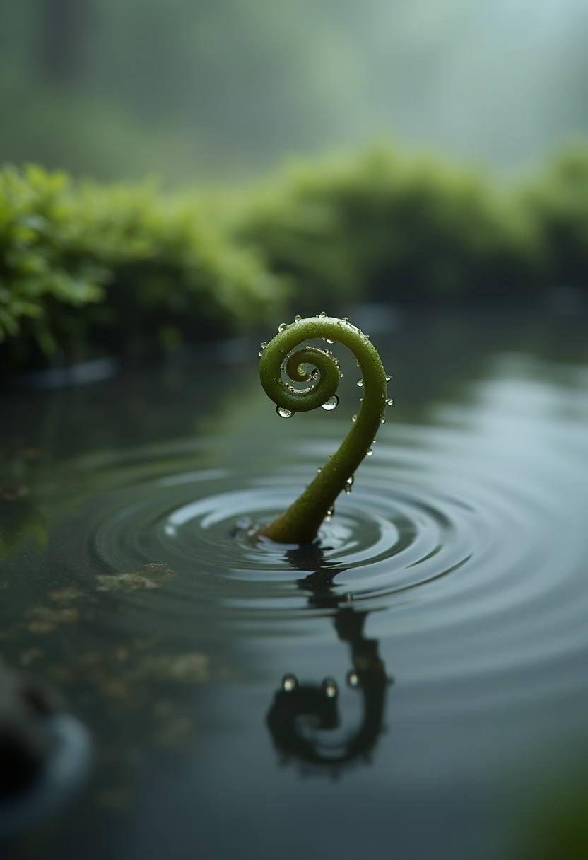 A fern fiddlehead rising vertically from a still dark water pool, ringed by pale moss at the edge, against a soft sage-green misted background.