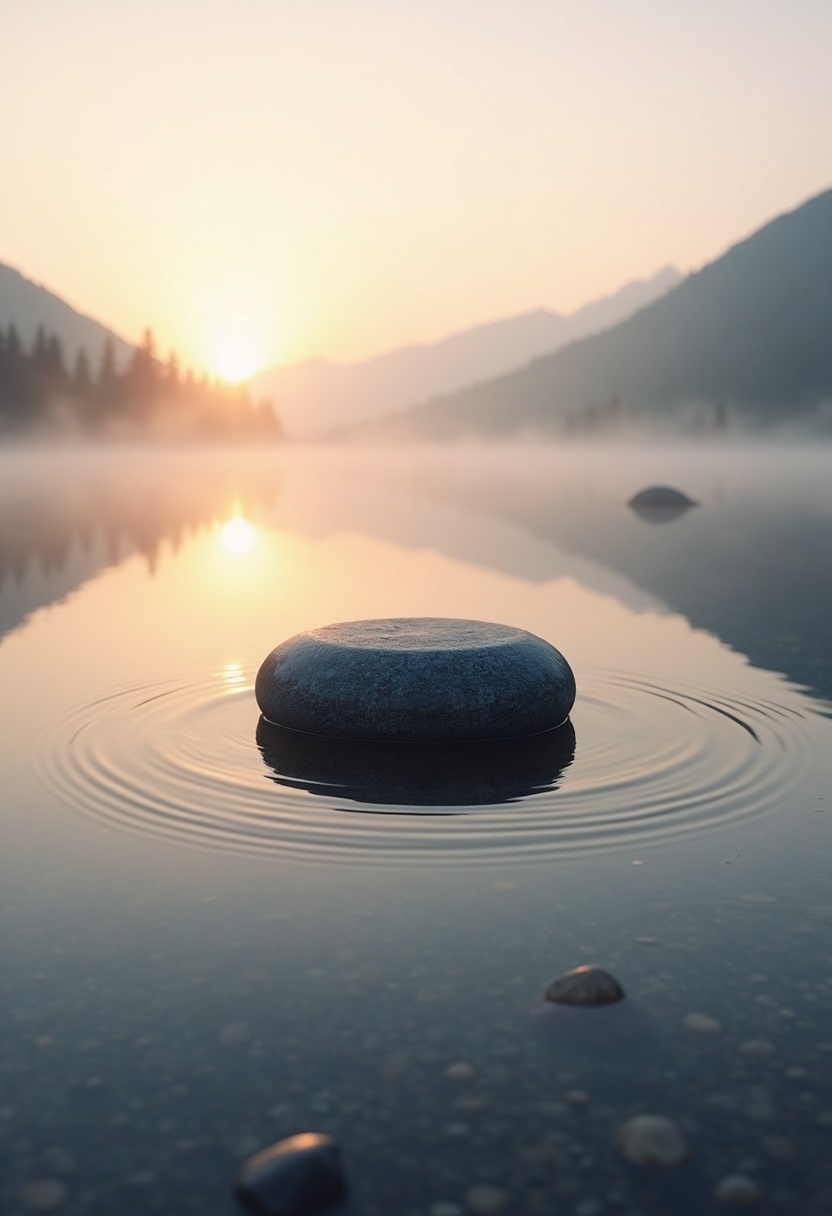 A round dark basalt stone centered in still clear water, two concentric ripples at its base, pale golden misty sky behind, pale gravel visible beneath water.
