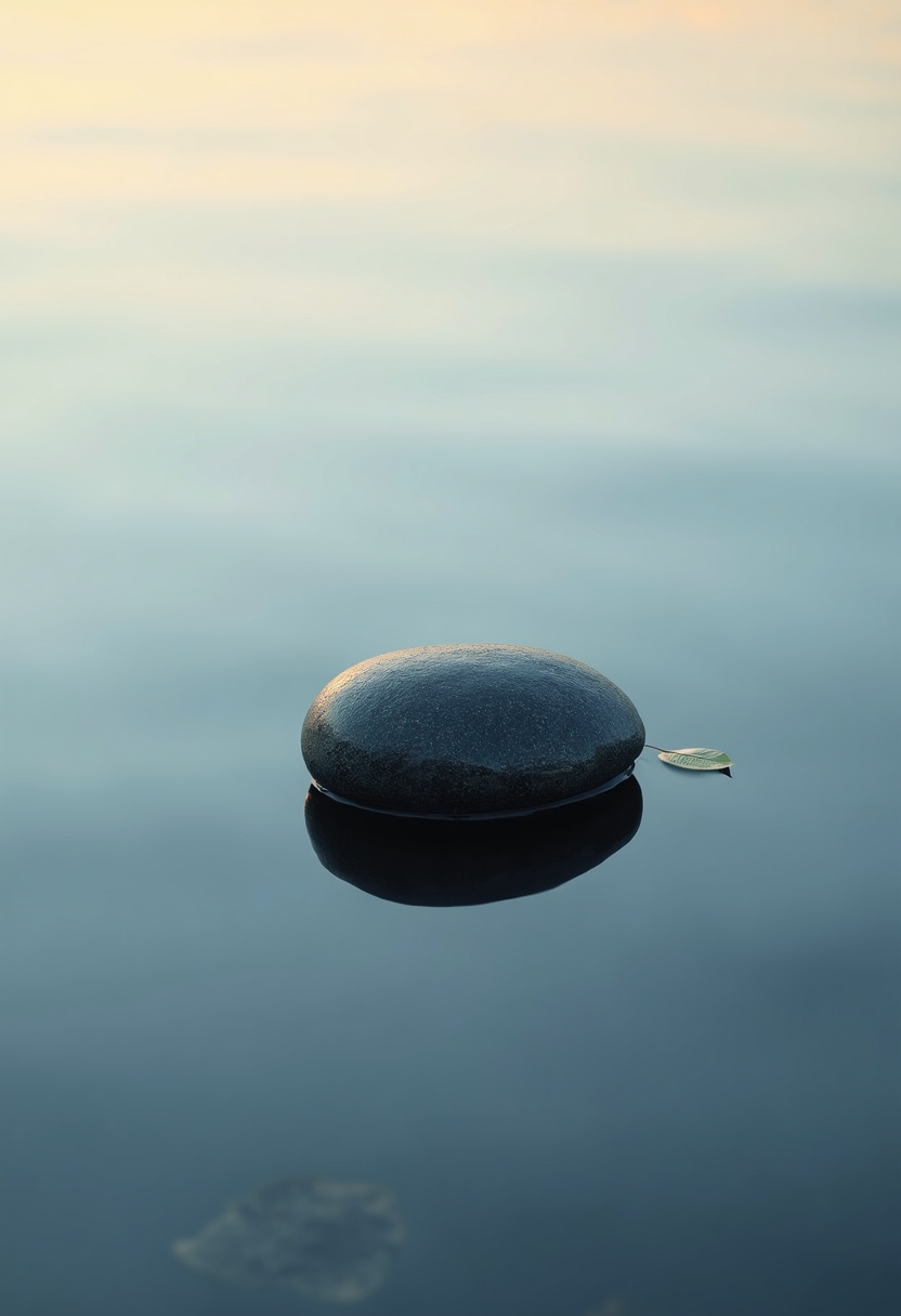 A matte-black basalt stone centered in a still alpine pool reflecting cream and slate-blue dawn sky, one sage-green leaf floating nearby, soft golden light.