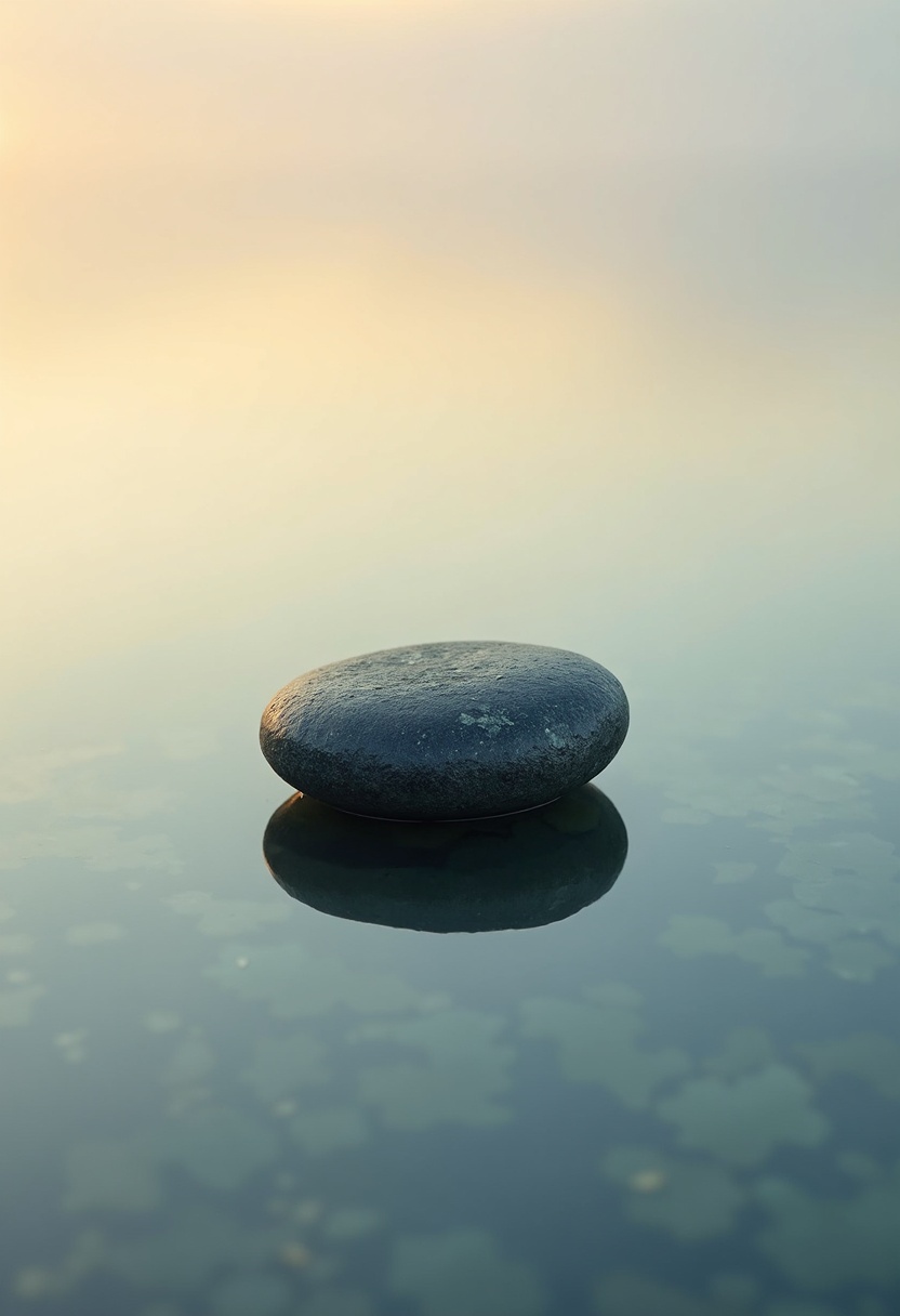 A matte-black basalt stone centered in a still alpine pool reflecting cream and slate-blue dawn sky, one sage-green leaf floating nearby, soft golden light.