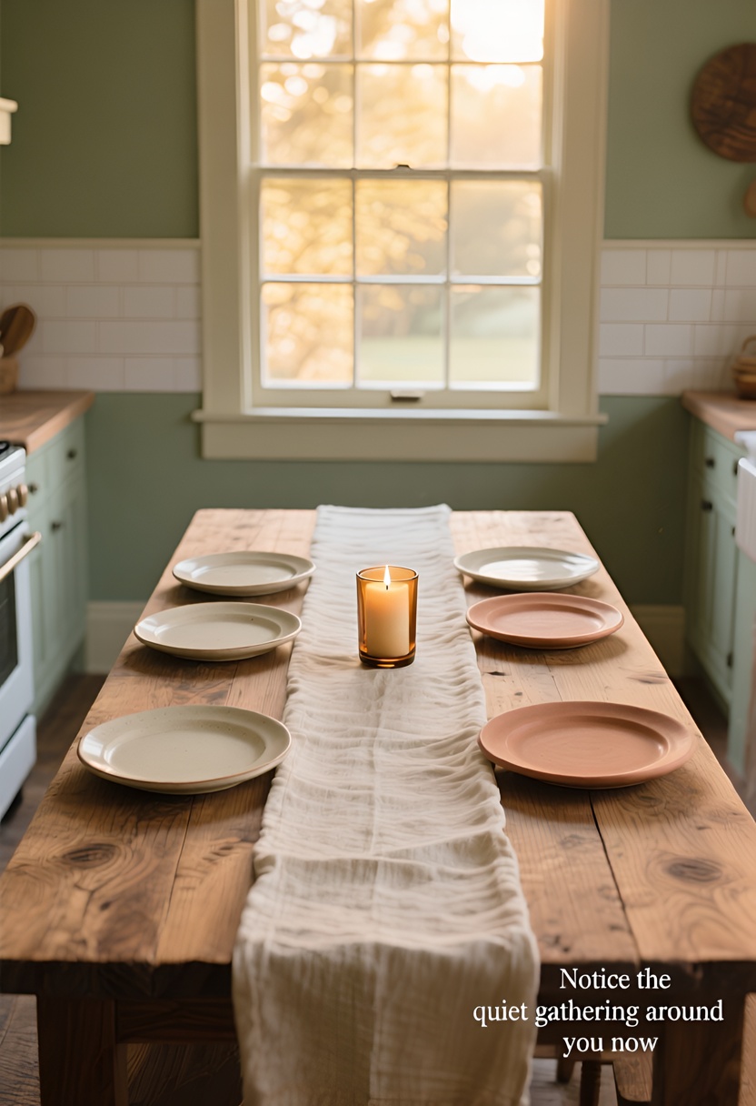 Six cream and terracotta plates in an arc on a reclaimed-oak table with linen runner and lit candle, golden-hour backlight through window, sage wall background.