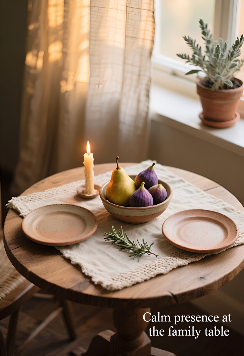 Round oak table overhead: two terracotta plates, bowl of pears and figs, lit beeswax candle, rosemary on cream linen, soft golden bokeh.