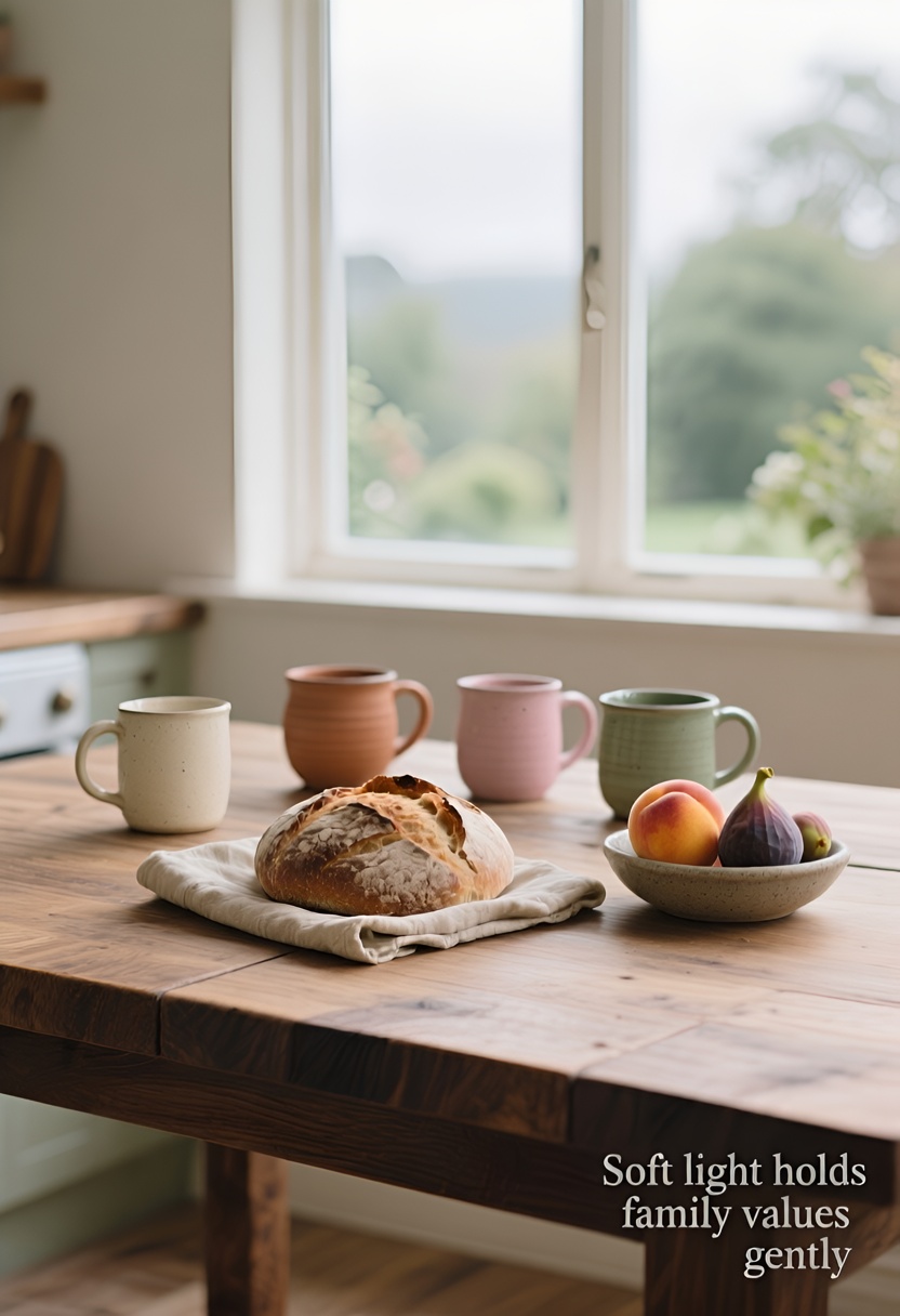 Oak kitchen table with four ceramic mugs, a sourdough loaf on a linen napkin, and a bowl of peaches and figs in diffused morning light by a window