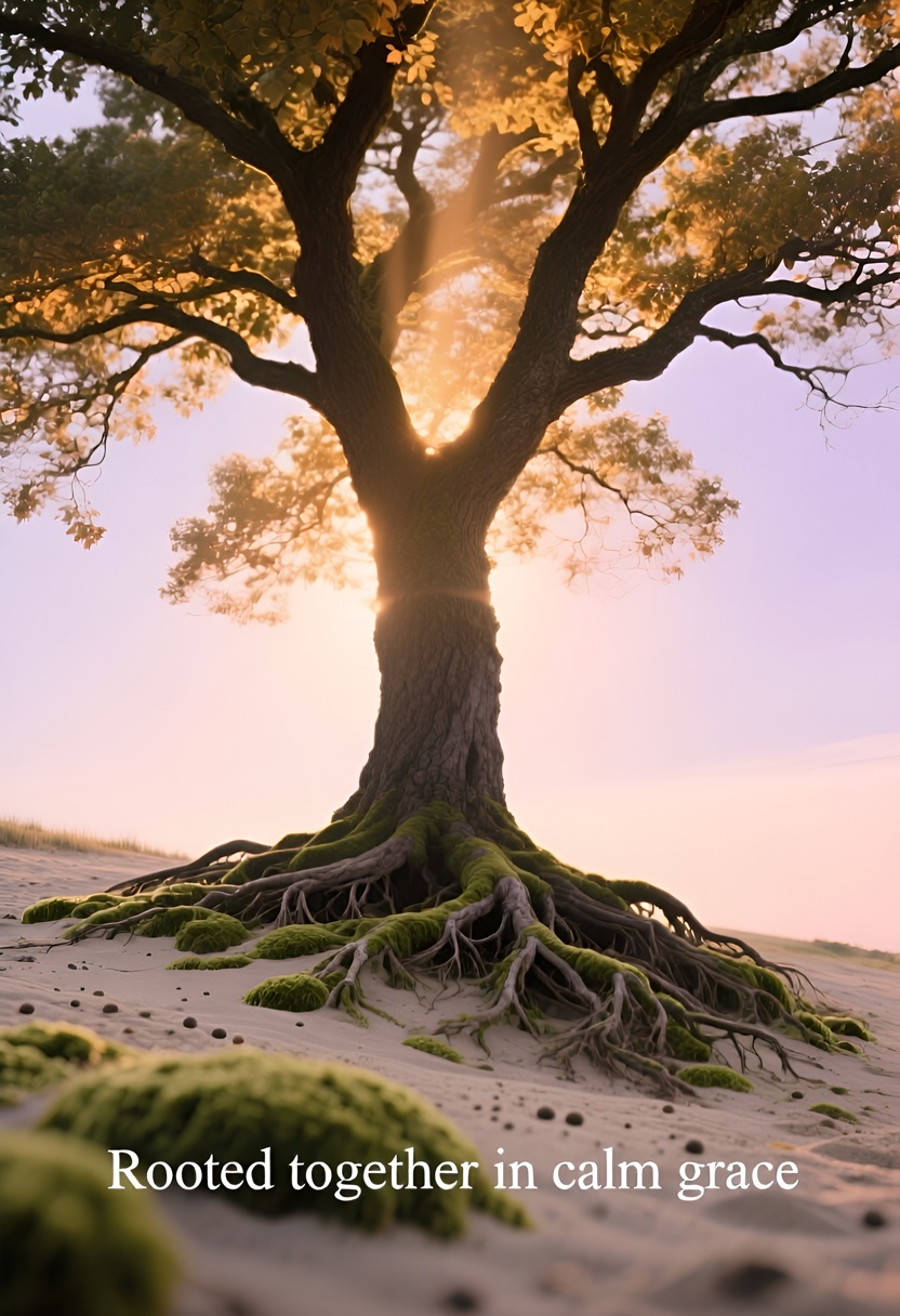 Low-angle centered oak tree on sandy bank, exposed roots interlocking above moss, amber backlight rim-light, peach to lavender sky, creamy bokeh background.