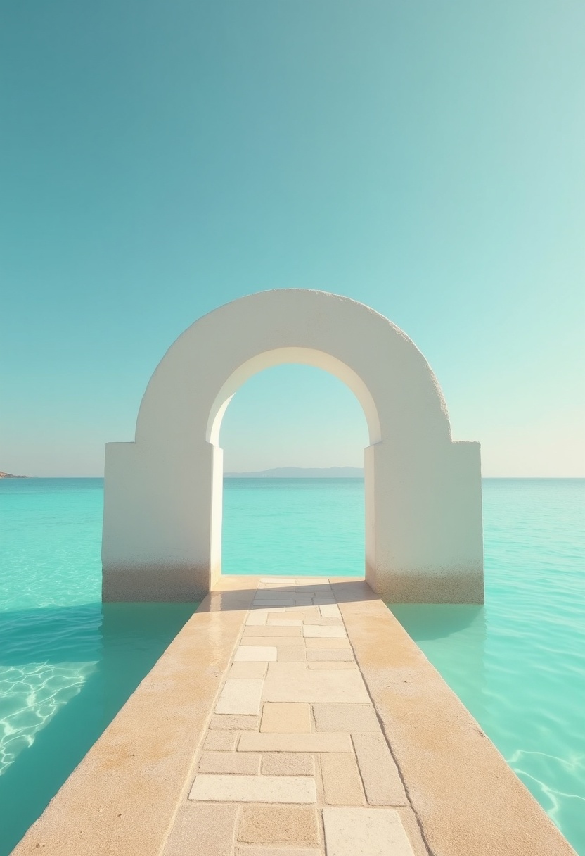 White stone arch at end of still turquoise lagoon, low water-level view, golden light, shadow on flat water, cypress behind, sand path foreground.