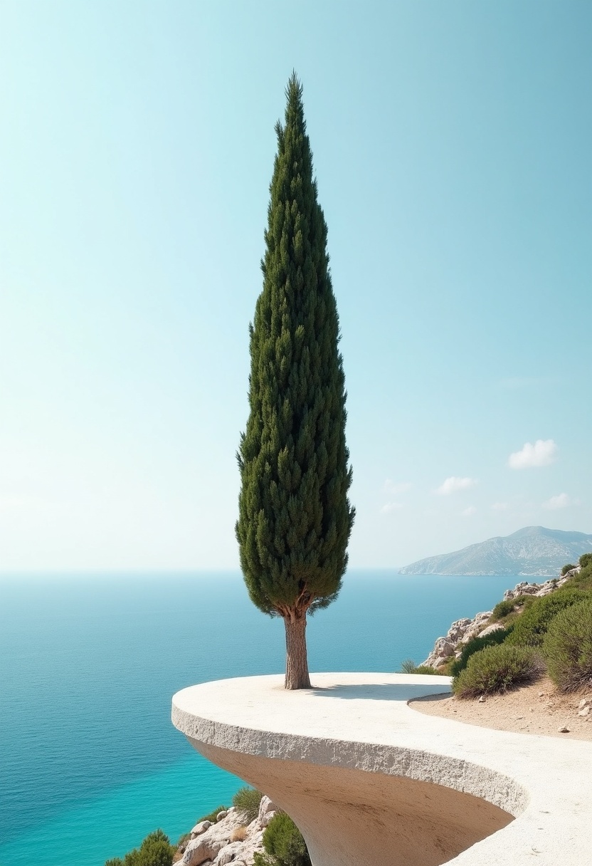 A tall dark-sage cypress tree on a white limestone cliff edge above a glassy turquoise sea under a pale cerulean sky, low camera angle, no other objects visible.