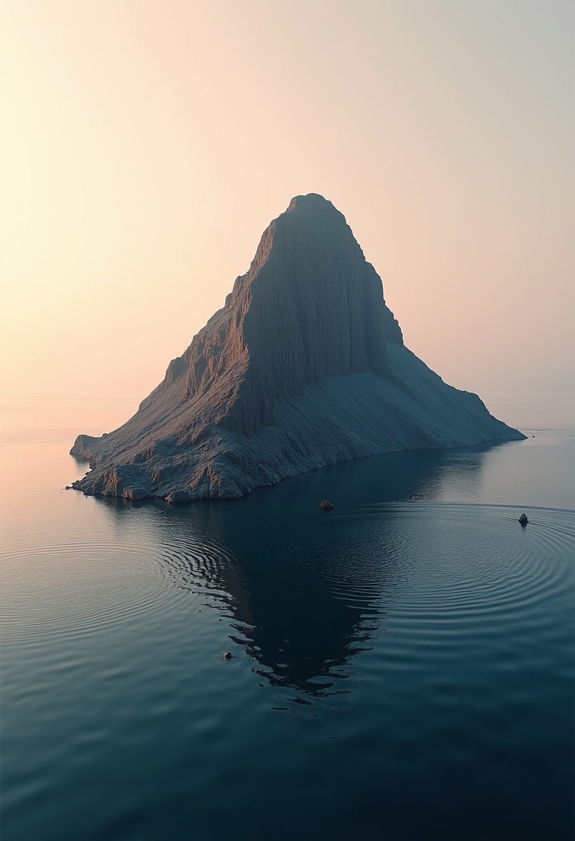 Basalt sea stack in still turquoise lagoon, golden light on eastern edge, pale sand base, peach and lavender sky with thin clouds