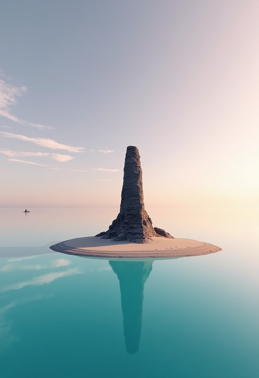 Crescent basalt island in still indigo water, white ripples from a boulder, pale peach sky, golden-hour light from left, low water-level view, clean horizon.
