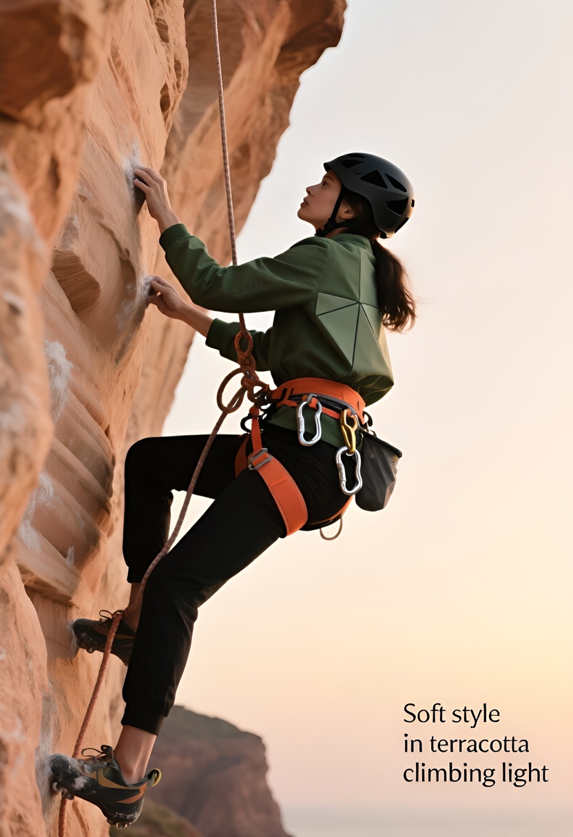 Female climber in black helmet, sage jacket, coral harness on terracotta cliff under cream sky, body arched diagonally, rope coiled against stone