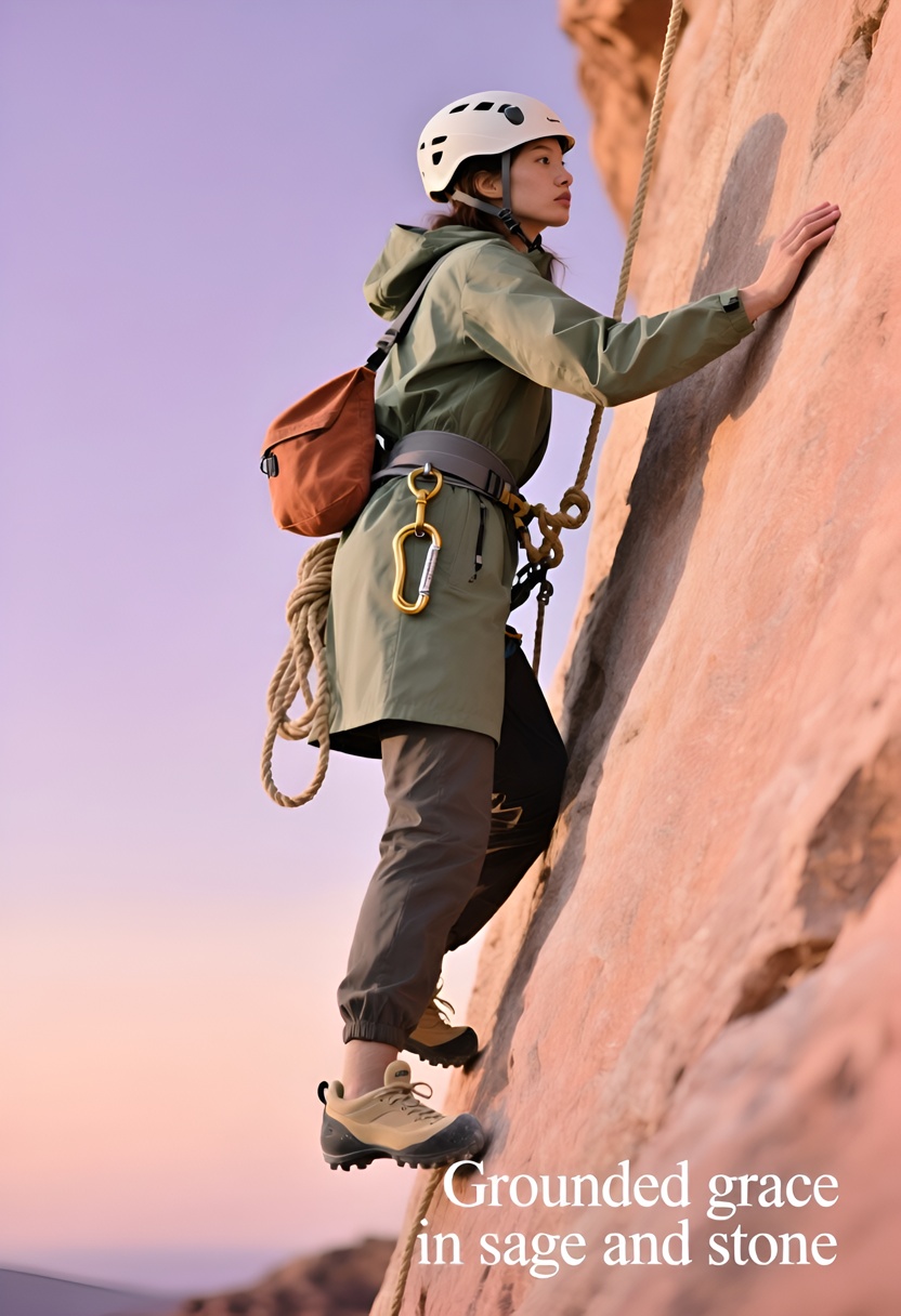 Female rock climber in sage jacket and charcoal harness on rose granite, golden-hour rim light, cream shoes, terracotta chalk bag, hemp rope, peach-lavender sky