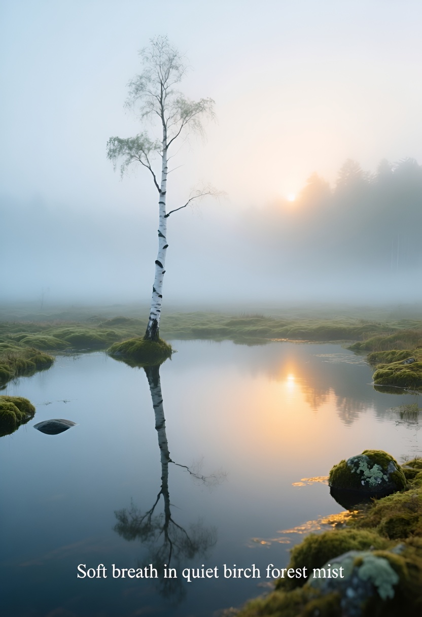 A slender birch tree in mirror-still shallow water at first light, silver-blue fog on mossy ground, golden rim-light on white bark and lichen-flecked stones