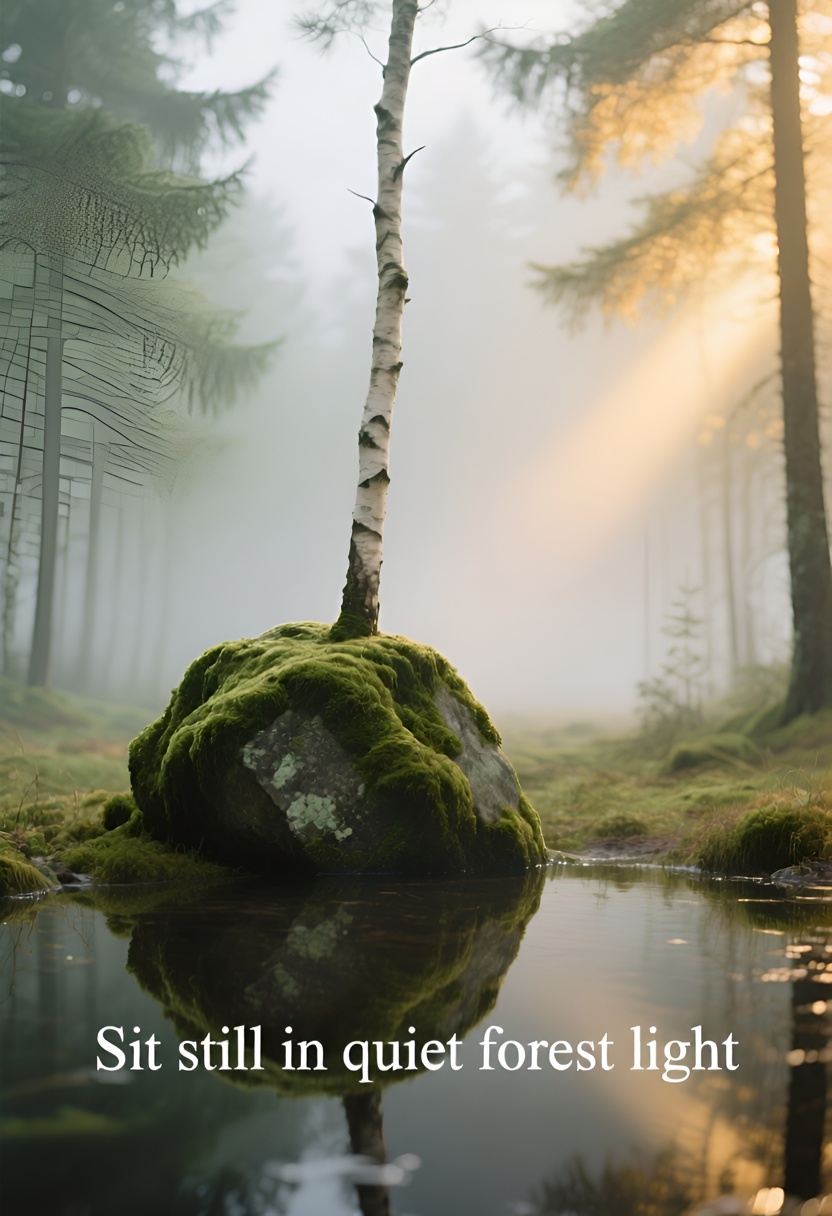 A moss-covered boulder in a forest clearing with a shallow pool in the foreground, a birch trunk behind, soft bokeh pines, and pale light shafts from above.