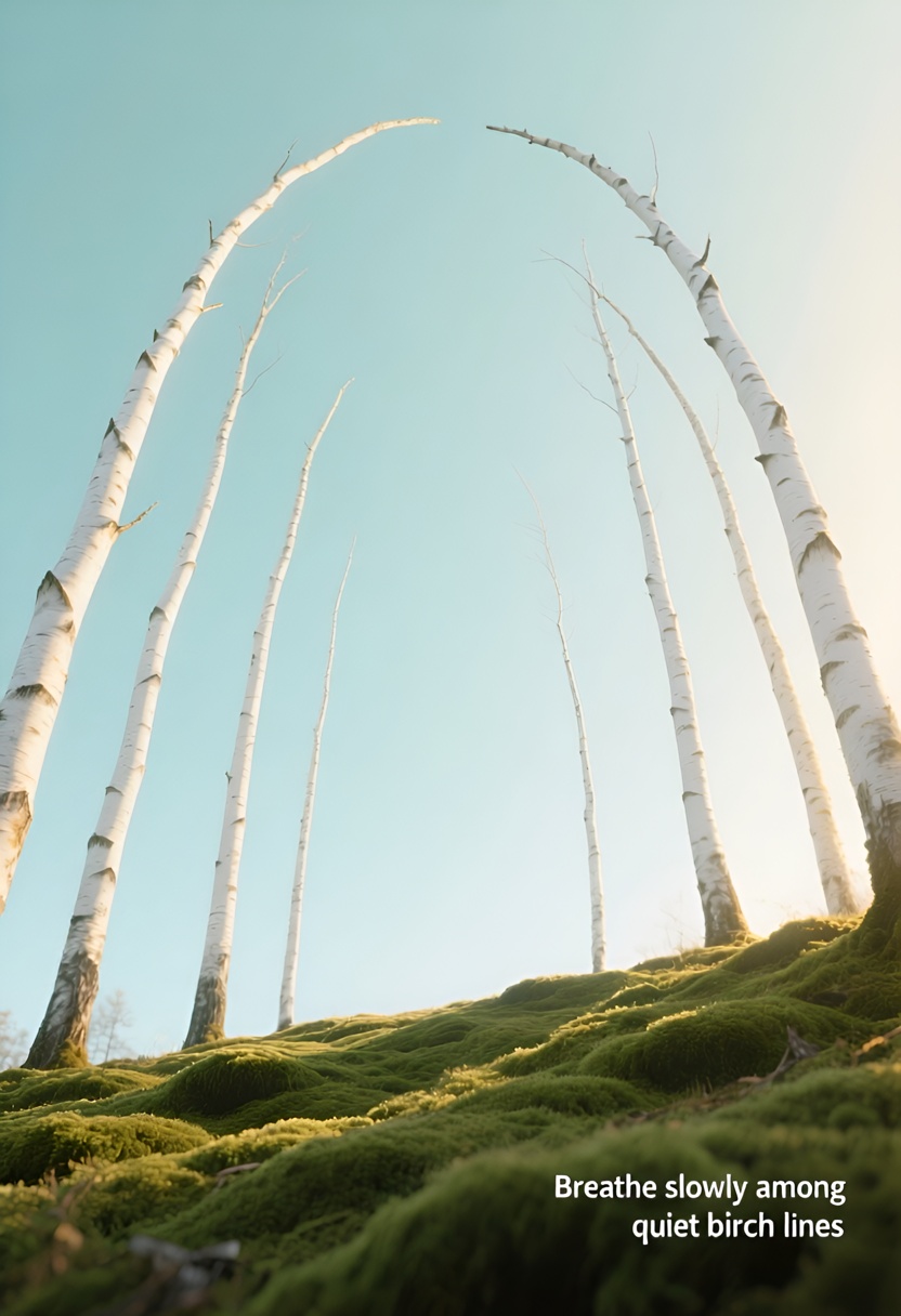 Seven white-barked birch trunks curved against a pale sky, golden backlight halos, long shadows on sage-green moss, wide open sky filling upper two-thirds of frame