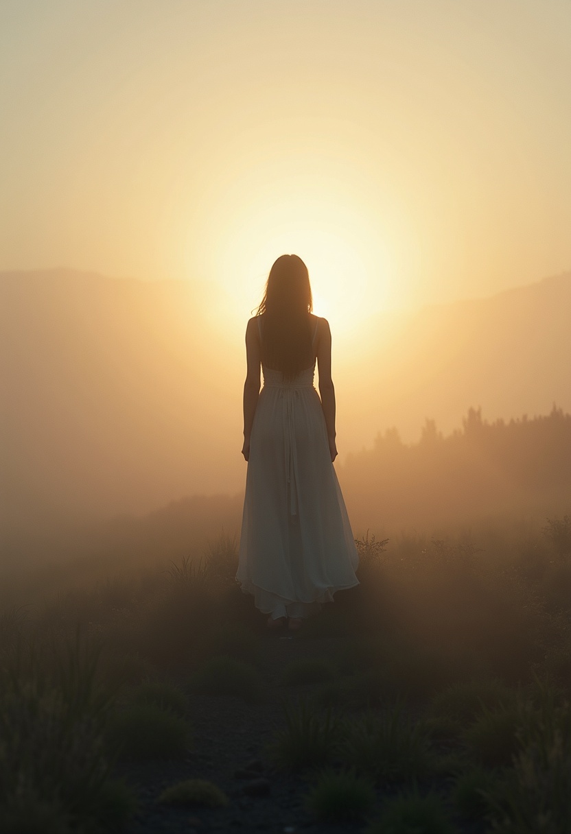 A symbolic feminine silhouette standing at a soft dawn threshold, surrounded by mist and gentle light. The scene represents clarity emerging at the edge of shadow and illumination. Minimalist, calm, introspective, Celtic‑Zen aesthetic.