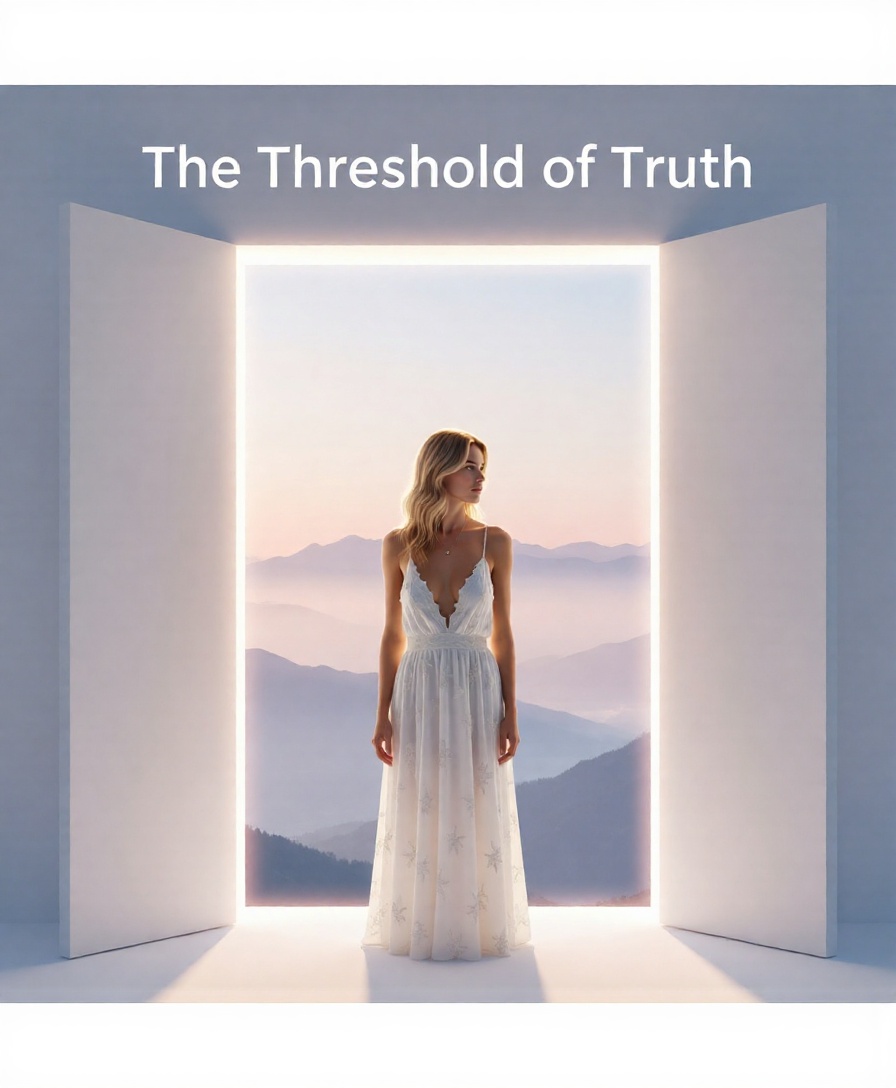 A figure standing at a symbolic doorway of light and shadow, representing liminal clarity.