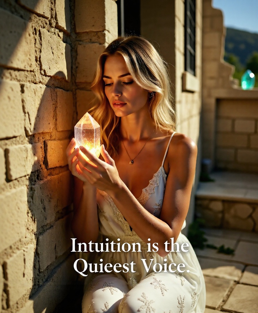 A serene feminine figure listening inward, surrounded by subtle, quiet illumination.