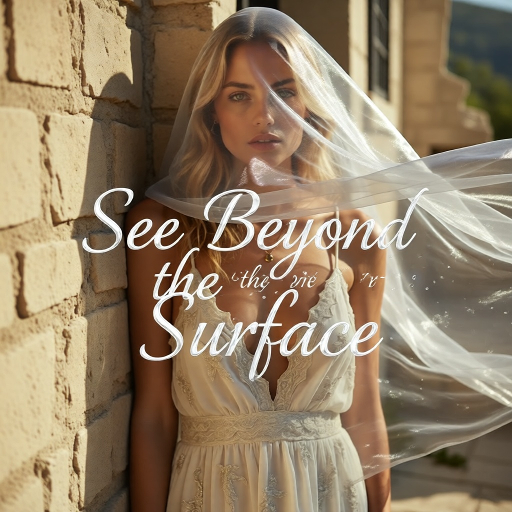 A reflective feminine gaze looking past the visible, symbolizing deeper perception.